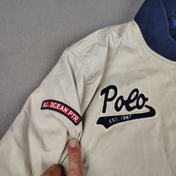 Polo Ralph Lauren Bomber Jacket Youth XL Big Tan Crest Logo Full Zip Military - Picture 3 of 13
